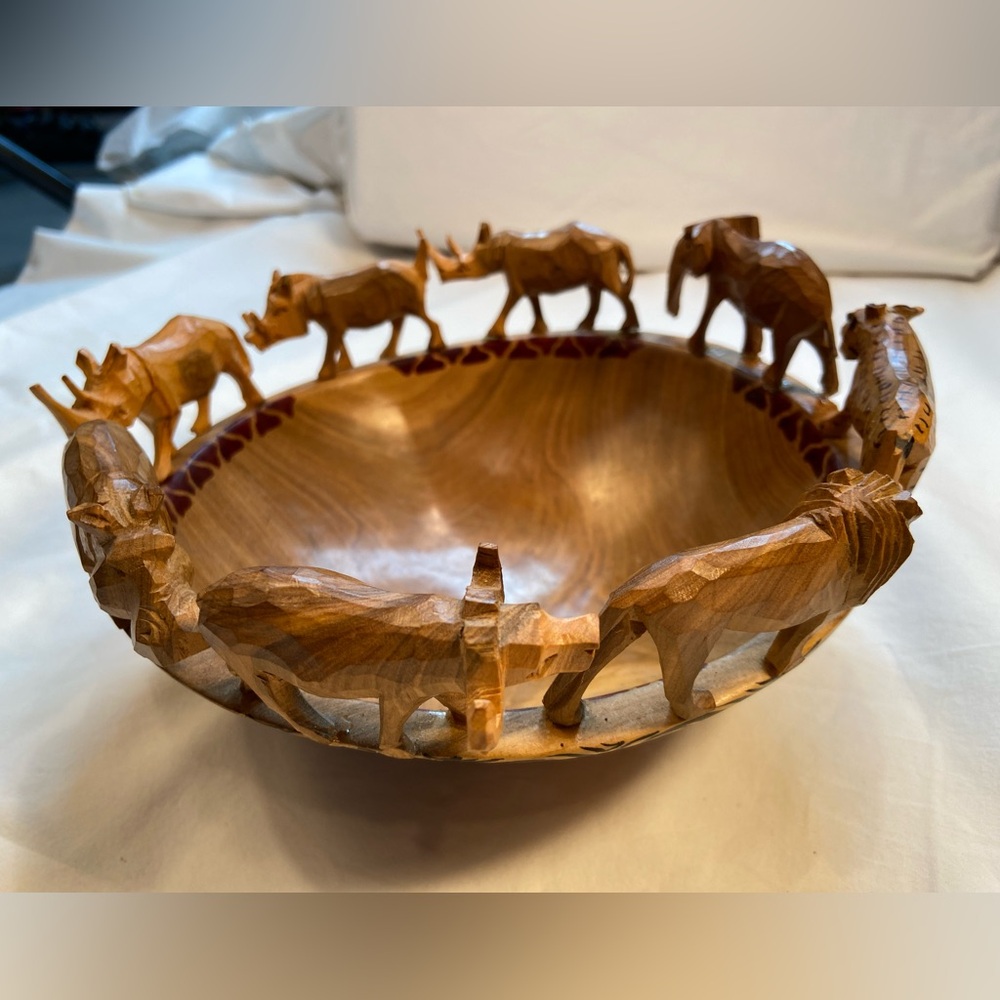 Wooden Bowl with carved wooden animals walking‎ along the edge